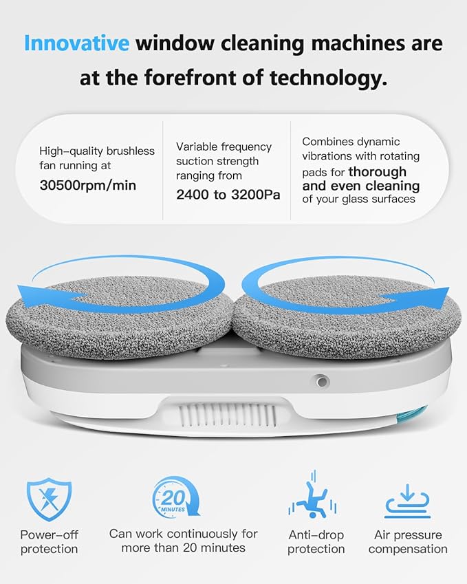 Smart Window Cleaning Robot with bidirectional ultrasonic Spray &amp 85ml Tank - Automatic Edge Detection 2400-3200pa Strong Suction Anti-Drop Protection for Effortless Cleaning