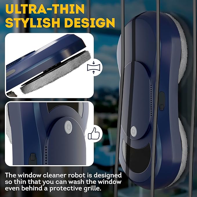 Dark Blue Automatic Window Cleaner Robot W250 11.6 x 5.7 x 2.7 Inch with 30 ml Automatic Water Spray and 10 Cloth Pads. Window Vacuum Cleaner for Windows. Automatic Glass Cleaner Vacuum