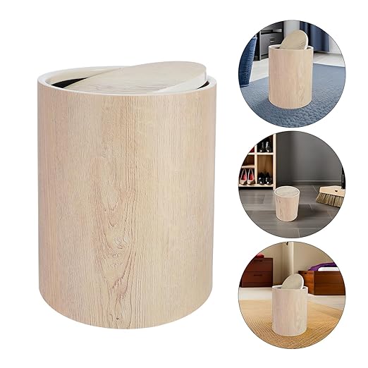 Garneck Large Wood Grain Plastic Trash Can with Flip Top Lid Space-Saving Round Farmhouse Wastebasket for Bedroom Dining Room Kitchen Noiseless Bin for Office Hotel Households