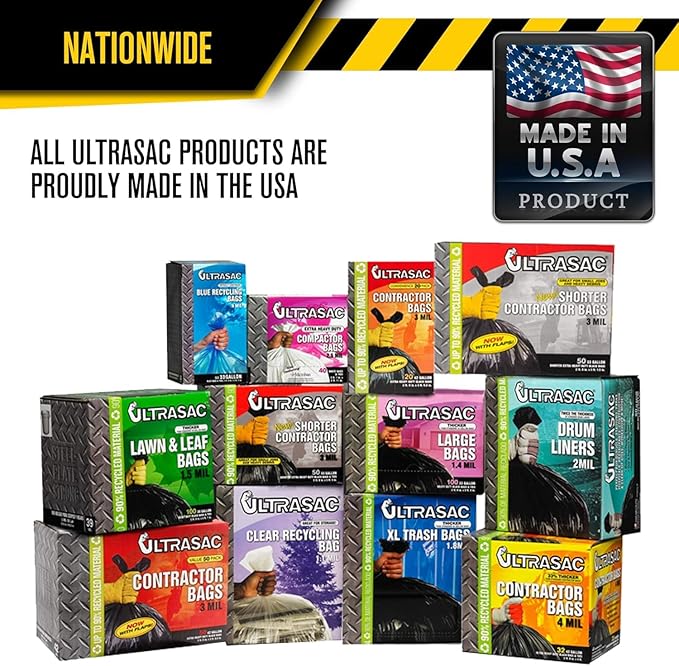 Ultrasac Contractor Trash Bags - (/w Ties) - Heavy Duty 3 MIL Thick39 x 32Shorter 33 Gallon Black Version - for IndustrialCommercialProfessionalConstructionLawnLeafand More(Pack of 100)