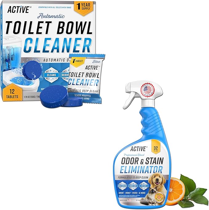 ACTIVE Automatic Toilet Bowl Cleaner and Pet Odor and Stain Eliminator - Includes 12ct Toilet Bowl Cleaner Tablets and 32oz Pet Stain Remover