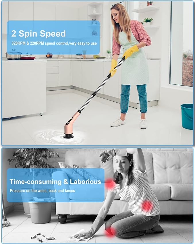Leebein Electric Spin Scrubber Cordless Powerful Scrub Brush for Cleaning Bathroom Kitchen Shower Tub and Floor Tile with Adjustable Extension Long Handle and 8 Replaceable Brush Heads(Rose)