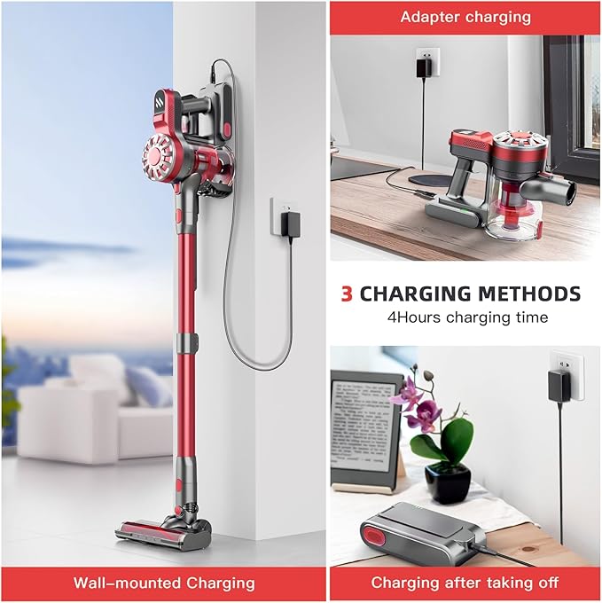 Vacuum Cleaner for HomeStick Vacuum Cordless Rechargeable up to 35 Mins Runtime Hardwood Floor Vacuum for Pet HairCarpetsTile(Red)