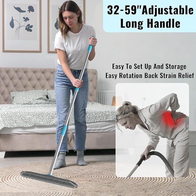 Carpet Rake for Pet Hair Removal Tool 3 in 1 Carpet Scraper with 59 Adjustable Handle Silicone Rug Rake for Dog &amp Cat Hair Pet Hair Remover for Furniture Couch Pet Bed &amp Car Interior