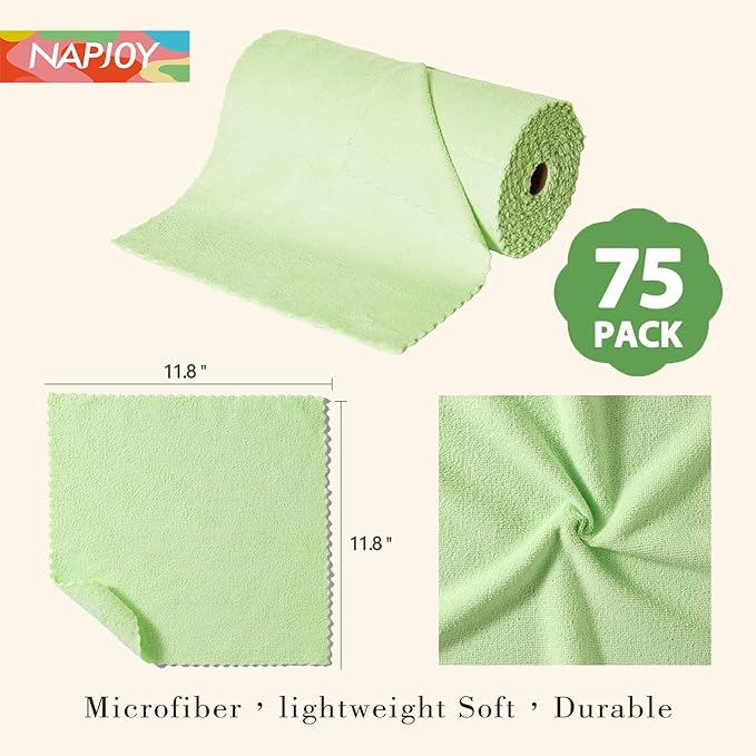 Napjoy Microfiber Cleaning Cloth Roll 75PK Easy Tear Away Reusable Paper Towels 12 x 12 Lint-Free and Scratch-Free with Patented Fiber Technology Microfiber Towel Roll Green