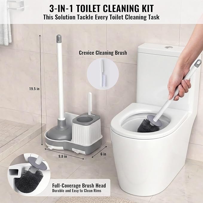 3-in-1 Toilet Brush and Plunger Set with Hidden Holder Vented Stand &amp Drip Tray Hangable or Freestanding 360° Deep-Clean Brush Head + Gap Brush Shatter-Resistant Handles（White）