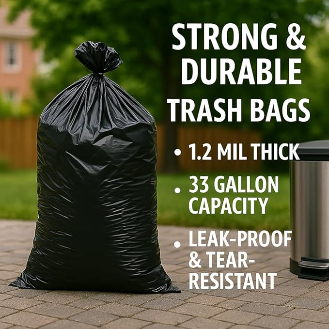 Ultra-Strong Trash Bags 33x39 Inches Heavy Duty 1.2 Mils 100 Count – Large Leak-Proof &amp Tear-Resistant Garbage Bags for Home Kitchen Office &amp Commercial Use 33 Gallon Capacity
