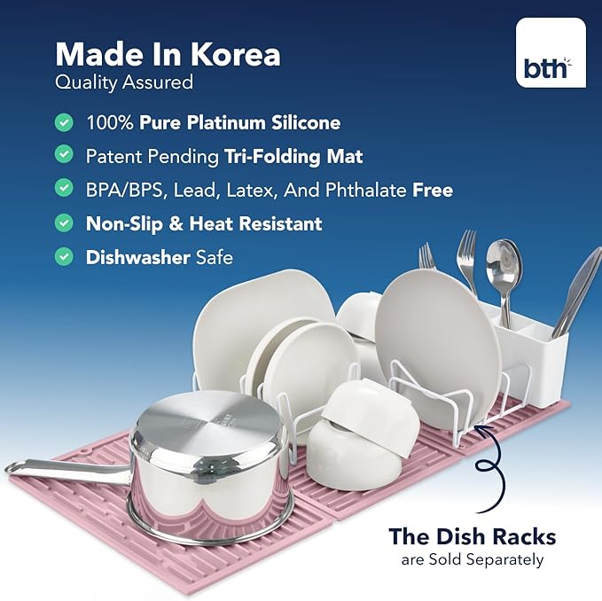 BTH 24 Extra Wide Foldable Dish Drying Mat for Kitchen Countertop Made In Korea Heat-resistant Premium Non-slip Silicone Mat Large Dish Drainer Mat Compact Folding Sink Liner Dishwasher Safe