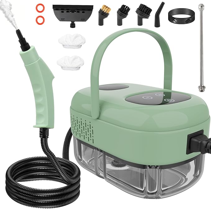 2500W Handheld Steam Cleaner for Home &amp Car 1.1L Portable High-Pressure Steamer 10s Fast Heat-Up 6-Level Adjustable Steam Multipurpose Cleaning Kit – Green