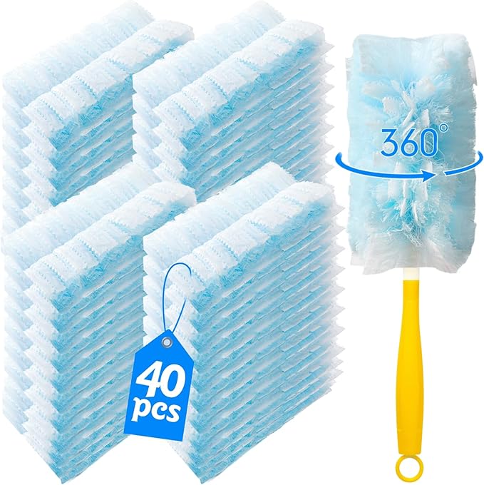 40 Count 360° Heavy Duty Duster Refills Compatible with Swiffer Large Size-Extra Thick Disposable Electrostatic Duster Refill with 1 Short Handle for Furniture Blinds Ceiling Fans