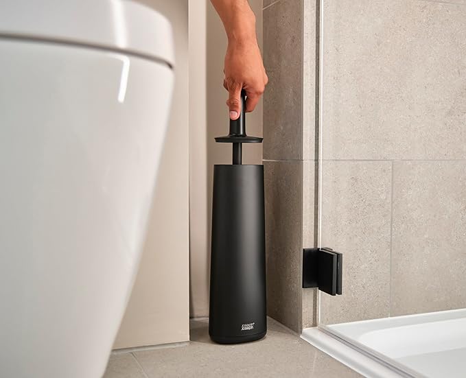 Joseph Joseph Flex 360 Advanced Smart Toilet Brush and Storage Holder Set with Anti-drip Anti-Clog Triple-Action Replaceable Brush Head - Matt Black