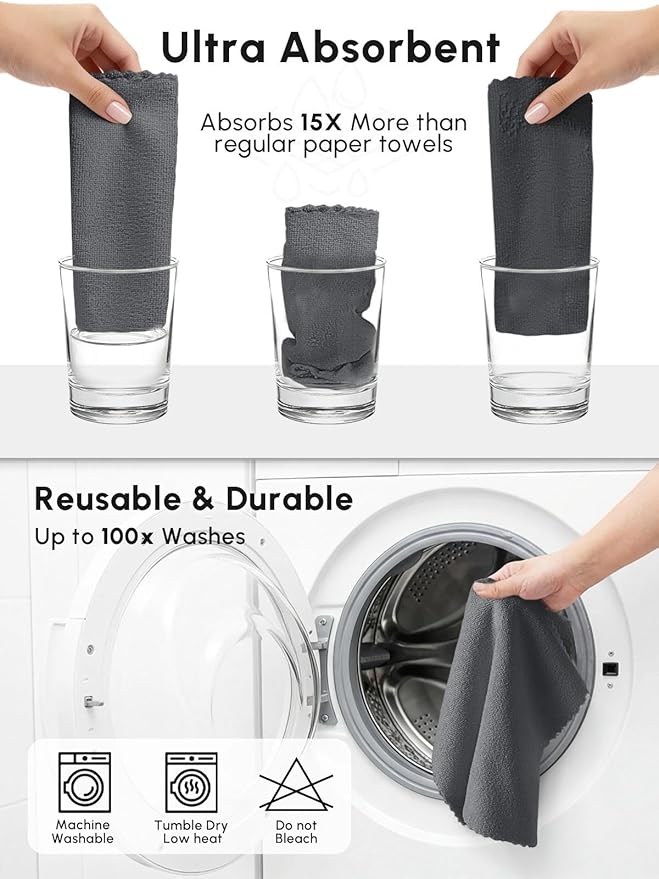 Microfiber Cleaning Cloths Roll 75 Pack Tear Away Microfiber Towels Roll 12 x 12 Lint Free Rags Reusable Cleaning Cloths Washable Scratch FreeUltra Absorbent Dish Rags(Dark Grey)