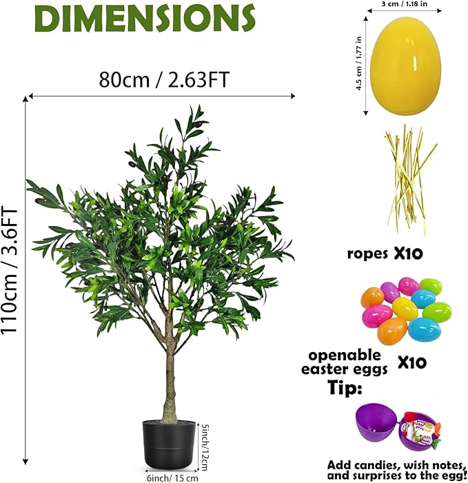 Easter Artificial Olive Trees Indoor Outdoor Decor 3.6 FT Tall Faux Olive Tree with Easter Eggs Planter UV Resistant Fake Plants Bushes Ever-Greenery with Lifelike Fruits for Home Office