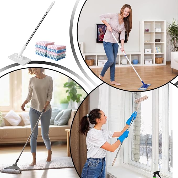 Disposables Dust Mop Automatic Cloth Changing Lazy Mop 100x16x8cm Detachable Press Face Towel Clamp Wipes Cleaning Mops 360° Rotating and 10 Reusable Cloth for Hardwood Bathroom Window