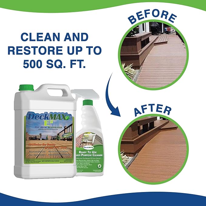 E2 PVC Deck Revitalizer - PVC Color Restorer. Rejuvenates Your Deck &amp Removes Stains &amp Scuffs. The E2 Bundle Contains What You Need to Clean &amp Restore Original Color to PVCs &amp Decks