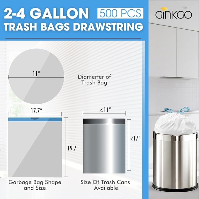 Small Trash Bags 2-4 Gallon 500 Count Super Value Bulk Drawstring Garbage Bags Mini Plastic Trash Bags for Bathroom Office Bedroom Wastebasket Trash Can Liners