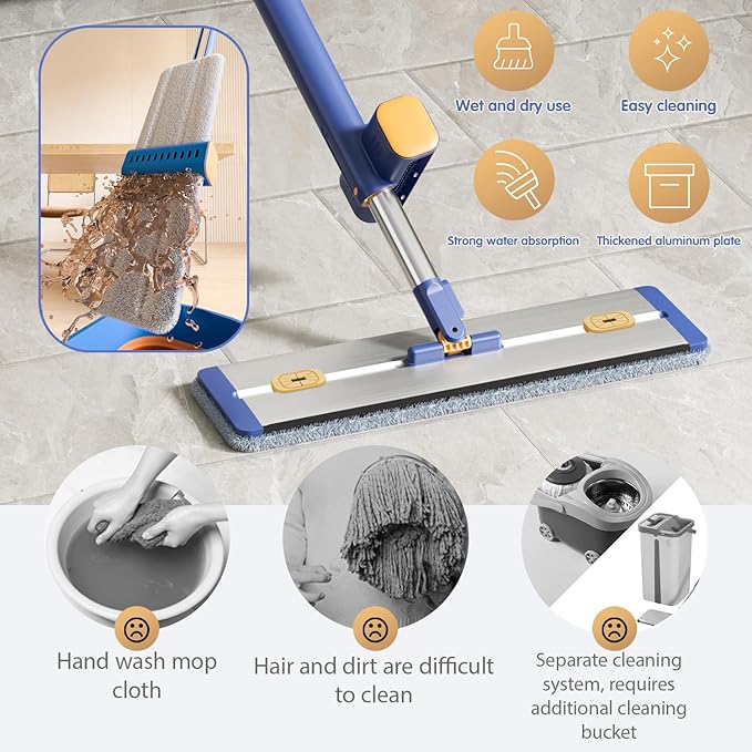 16.5 Microfiber Self Wringing Flat mopWet Dry mops for Cleaning Floorswith 55 Long Handle for Wall Cleaner with Squeegee (New Mop &amp 5 Microfiber mop Pads &amp Folding Bucket)