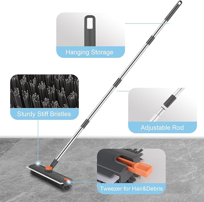 Floor Scrub V Brush with Long Handle 4 in 1 Silicone Scrape and Stiff Bristle Scrubber 360° Cleaning Brush with Tweezers for Shower Bathroom Patio Garage Kitchen Wall and Deck