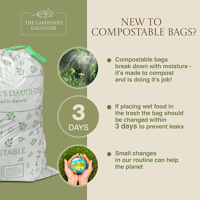 13 Gallon Compostable Trash Bags – Extra Strong Drawstring Kitchen Bags (30 Count White) | Leak-Proof BPI &amp TUV Certified Home Compostable – Evergreen by The Gardener's Daughter