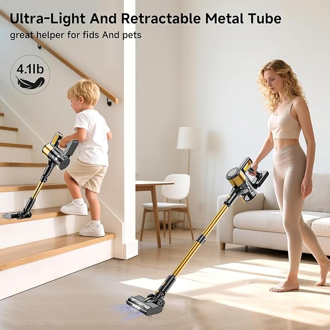 Cordless Vacuum Cleaner 8 in 1 40Kpa 55MinsLightweight Vacuum Cleaners for Home Stick Vacuum with Anti-Tangle BrushWall Mount Rechargeable Cordless Vacuum for Floor/Sofa/Pet HairGolden