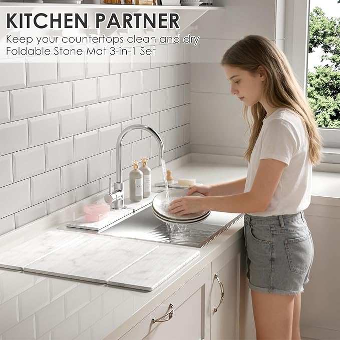3 PCS Large Stone Dish Drying Mat for Kitchen Counter -24x16 Absorbent Diatomaceous Earth Mat with Stone Faucet Mat &amp Soap Tray - Quick Dry Collapsible Non-Slip Countertop Organizer
