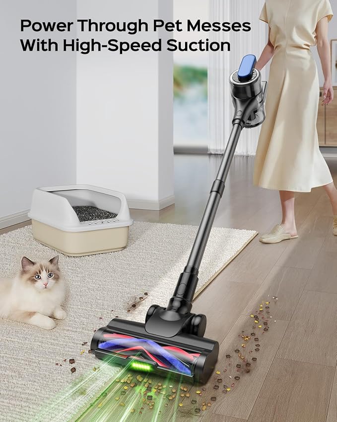Cordless Stick Vacuum Cleaner – 3-in-1 Brush Roll for Hard Floors and Carpets 55 Min Runtime Rechargeable Lightweight Vacuum with Green LED Headlight for Pet Hair and Dust Cleaning