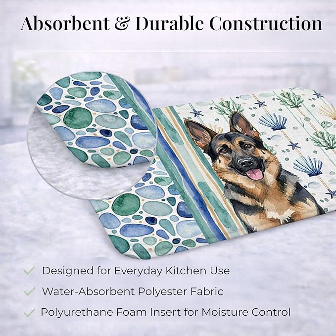 Caroline's Treasures German Shepherd Coastal Sea Glass Dish Drying Mat Absorbent Dish Drying Mat Pad for Kitchen Counter Dish Drainer Mat for Countertop 14 x 21 Multicolor