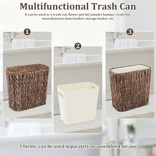 Wicker Trash Can with Lid and Liner Handwoven Wicker Waste Basket Water Hyacinth Bathroom Trash Can Boho Rattan Garbage Wastebasket for Bedroom Home Living Room Office 2.5 Gallon Espresso