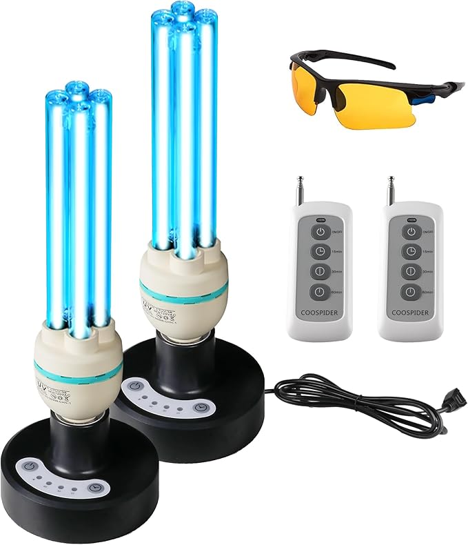 COOSPIDER UV 36Watts UV Sanitizer Lamp 2pack 72w with Remote Control Powerful UVC Light with E26 Base for Basement/Bedroom/Kitchen/Office/Storehouse/Car 3-Gear Timer 110V Ozone Free
