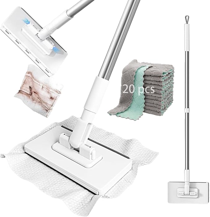 2026 Upgraded Snap Grip Mini Mop Zero Touch Mini Mops Cloth Changing MiniMop with Automatic Hands Free Push Pull Handle Retractable Disposable Dust Mops for Multi Cleaning (White+20*Cloth 28 in)