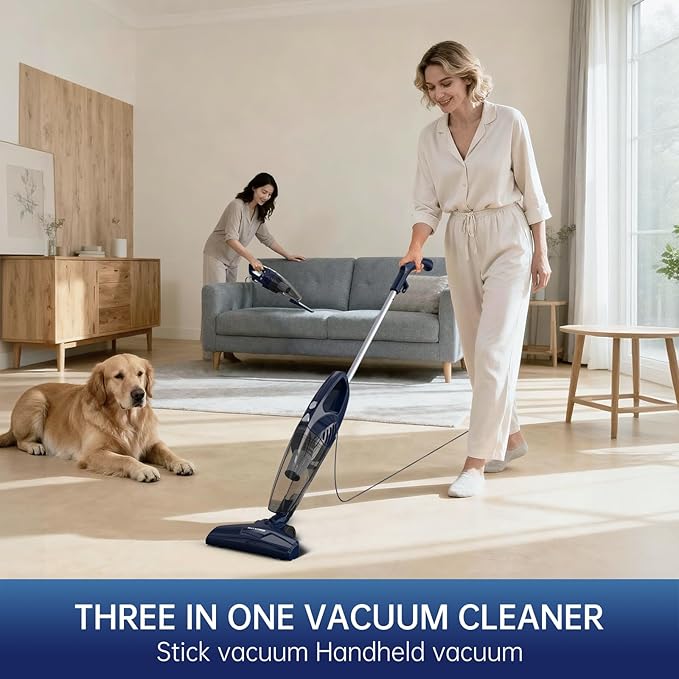 Corded Stick Vacuum for Pet Hair &amp Hard Floors - Lightweight 3-in-1 Handheld with 180°Left-Right Steering 14KPA Powerful Suction on Low-Pile Carpet HEPA Filter 16.4ft Cord 0.7L Capacity (VA00