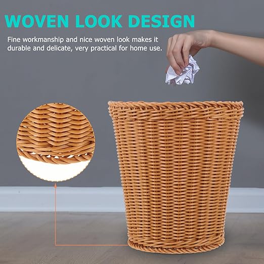 Healifty Woven Trash can Small Desktop Waste Basket Natural Style Storage Bin for Office Bathroom Bedroom Kitchen 9.64X8.26X6.29 Inches