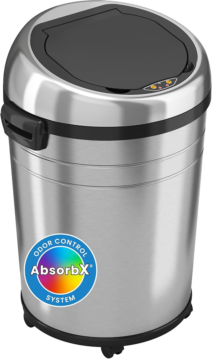 iTouchless 18 Gallon Commercial Size Touchless Sensor Trash Can with Odor Filter 68 Liter Automatic Garbage Bin Silver Round Stainless Steel Model Number: IT18RC-1