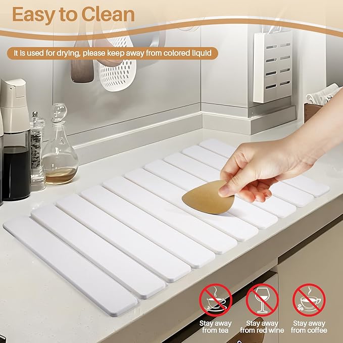 2 PCS Quick Dry Stone Dishes Mats for Kitchen CounterCollapsible Quick Drying Dish MatsUltra Absorbent Diatomaceous Earth Mats for Dishes Bottles Cups Match Any Countertop（White 24×16&amp 8x4）