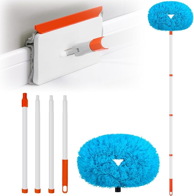 Baseboard Cleaner Tool with Handle Extendable Long Handle Baseboard Cleaning Duster with Reusable Pads for Floorboard Ceiling Fan Blade Cleaner Duster (Blue)