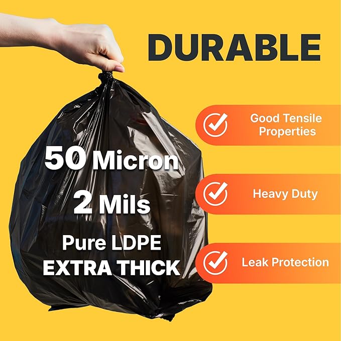 55-60 Gallon Trash Bags 50 Micron Heavy Duty Pure LDPE Garbage Can Liners 36 x 58 Large Black 50 Count