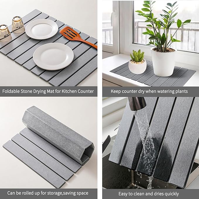Stone Drying Mat for Kitchen Counter Stone Dish Drying Mat Foldable Super Absorbent Diatomaceous Earth Quick-drying Draining Mat for any Kitchen Countertop (Medium Gray B 23.6”x15.4”)