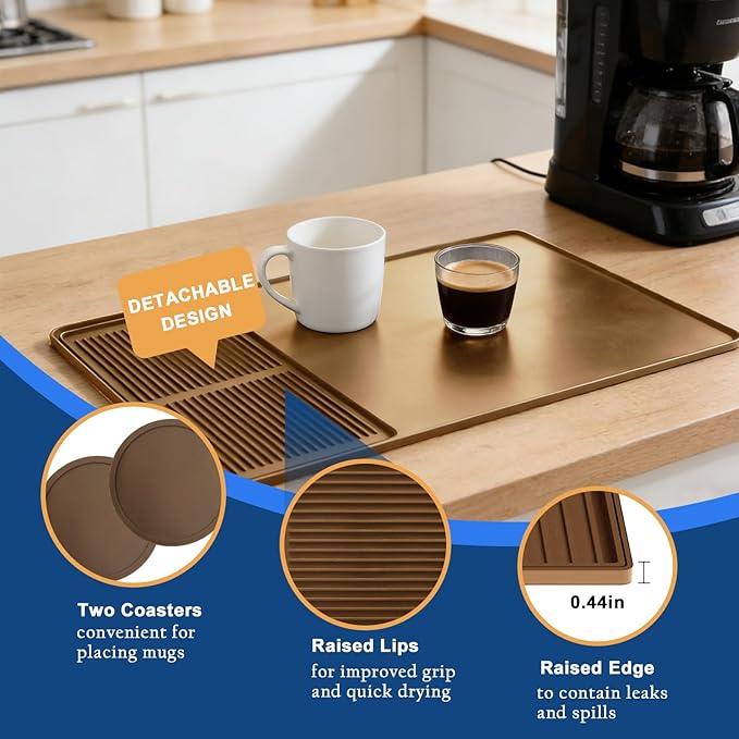 Mrcrypos Silicone Coffee Mat 16X24in - Non-Slip Espresso Countertop Mat Spill Proof Coffee Bar Mat for Kitchen Station with Detachable Dish Drying Mats Fit Cafes &amp Office Countertops Brown