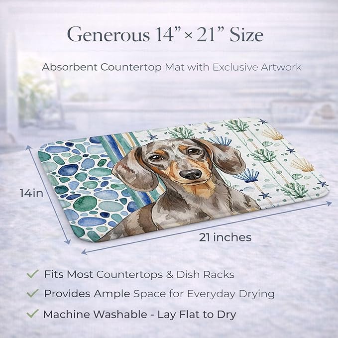 Caroline's Treasures Dapple Dachshund Coastal Sea Glass Dish Drying Mat Absorbent Dish Drying Mat Pad for Kitchen Counter Dish Drainer Mat for Countertop 14 x 21 Multicolor