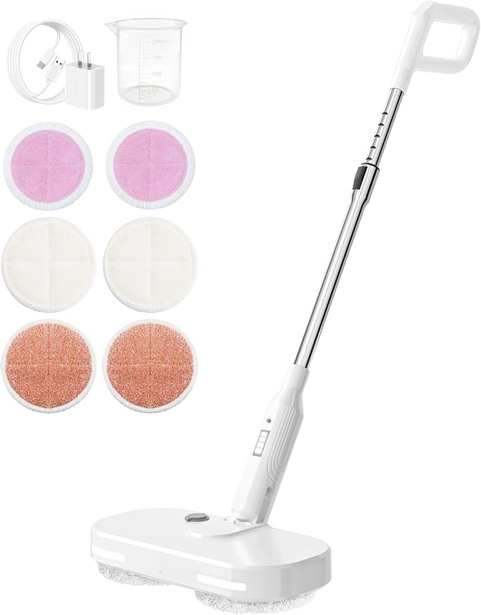 Adjustable Cordless Electric Spin Mop with self-propelled water sprayer/8000mAh Battery/LED Headlightself-propelled design with 6 Washable mop Pads for Hardwood Tile Floors Quiet Cleaning/Waxing