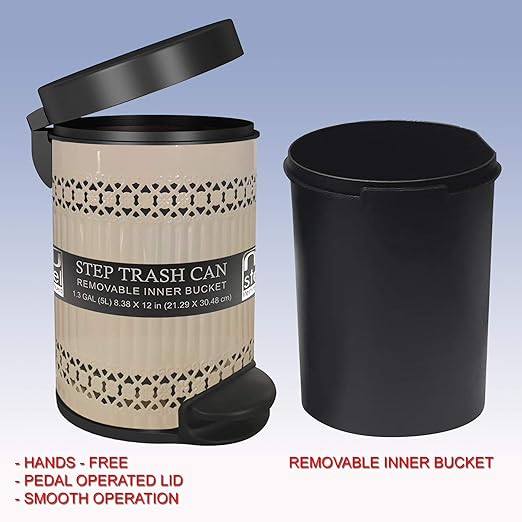 nu steel 5 Liter Round Small Metal Step Trash Can Wastebasket Garbage Container Bin - for Bathroom Powder Room Bedroom Kitchen Craft Room Office - Removable Liner Bucket - 8 x 8 x 12 – Ivory