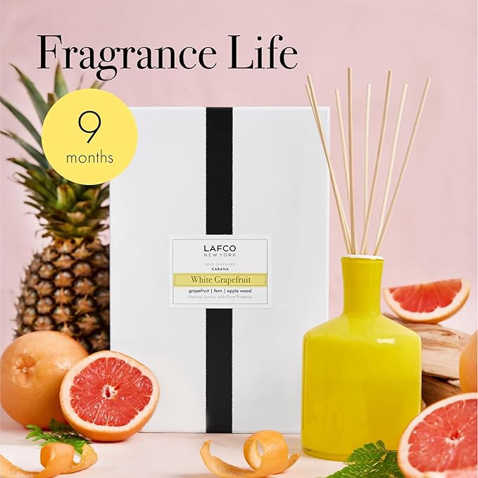 LAFCO New York Signature Reed Diffuser White Grapefruit - 15 oz - Up to 9 Months Fragrance Life - Reusable Hand Blown Glass Vessel - Natural Wood Reeds - Made in The USA