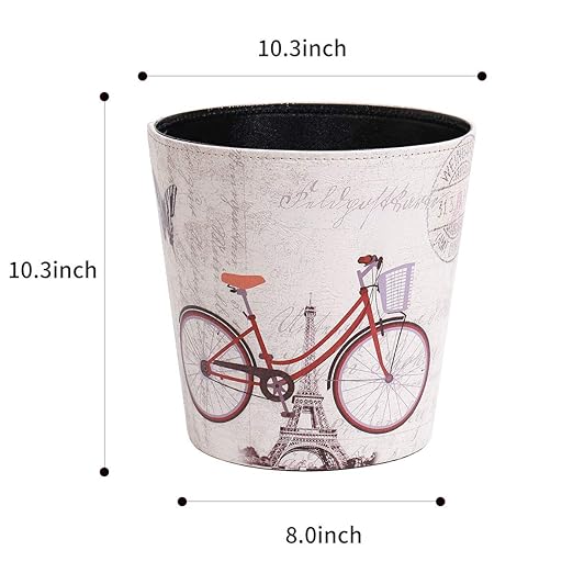 PU Leather Small Trash Can Wastebasket Round Garbage Container Basket for Bathrooms Laundry Room Kitchens Offices Kids Rooms BedroomsDormsHome Decorative Art Bin 2.9 Gallon(Bicycle)