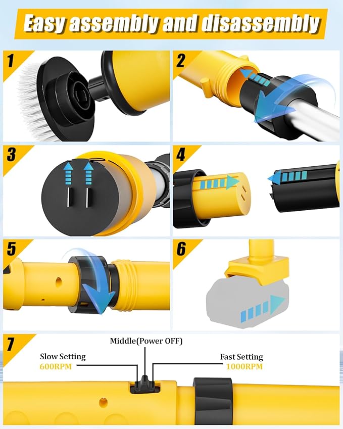 Electric Spin Scrubber Compatible for DeWalt 20V Battery(Battery NOT Included) 1000 RPM Battery Powered Scrubber with Adjustable Extension Arm &amp 8 Brushes &amp Hook Gloves for Tub/Tile/Floor