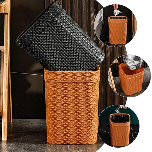 Woven Rattan Waste Basket Orange Trash Can Household Kitchen Garbage Container Open-Top Simple Style Nordic Bathroom Wastebasket for Office and Home Use