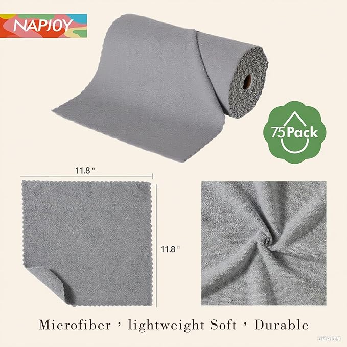 Napjoy Microfiber Cleaning Cloth Roll 75PK Easy Tear Away Reusable Paper Towels 12 x 12 Lint-Free and Scratch-Free with Patented Fiber Technology Microfiber Towel Roll Grey
