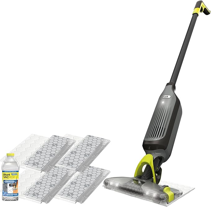 Shark VACMOP Cordless Hard Floor Cleaner Vacuum and Spray Mop Powerful Suction Lightweight LED Headlights Includes 4 Disposable Pads 12oz Multi-Surface Cleaning Solution Gray VM252