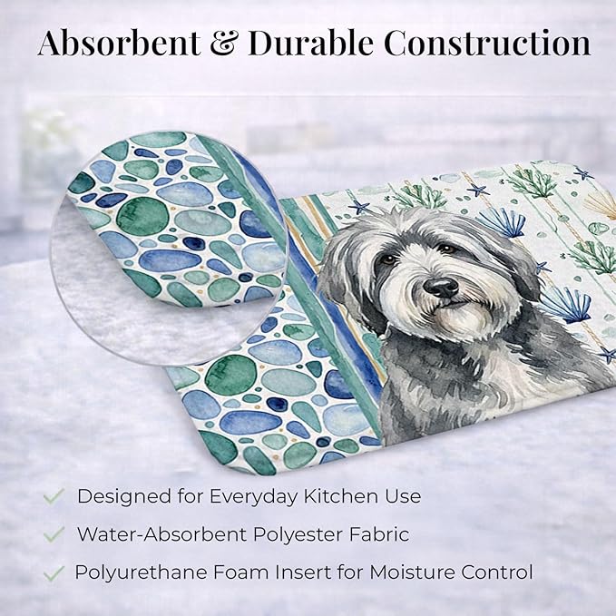 Caroline's Treasures Gray and White Old English Sheepdog Coastal Sea Glass Dish Drying Mat Absorbent Dish Drying Mat Pad for Kitchen Counter Dish Drainer Mat for Countertop 14 x 21 Multicolor
