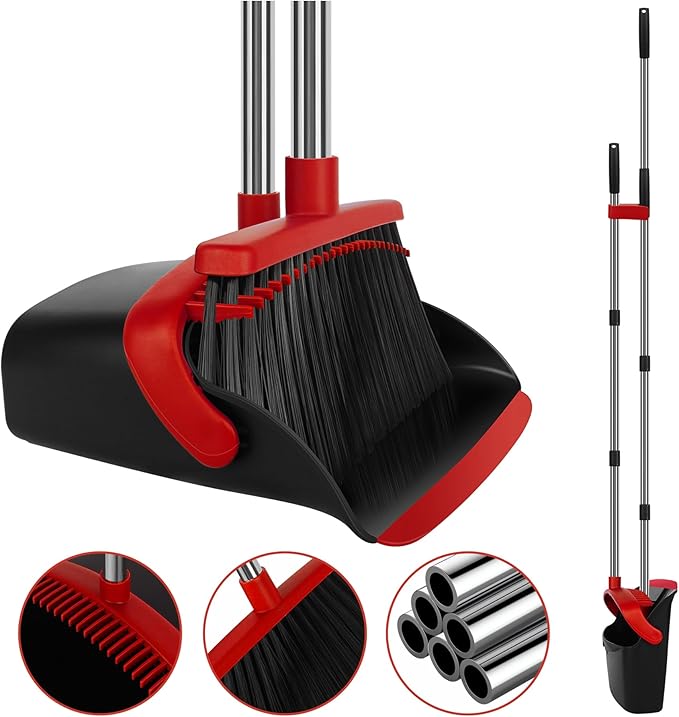 Broom and Dustpan Set Large Household Broom with Dustpan Combo Set 55 Inch Long Handle Red Dust Pan Combo Set for Home