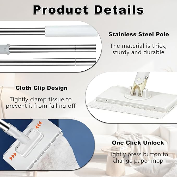 2 PCS Snap Grip Mini Mop Set with 36in Handle &amp 10 PCS Reusable Cloths Convenient Cloth Changing Mini Mop Automatic Gripping or Releasing 360° Rotating Head for Wet &amp Dry Cleaning Corners